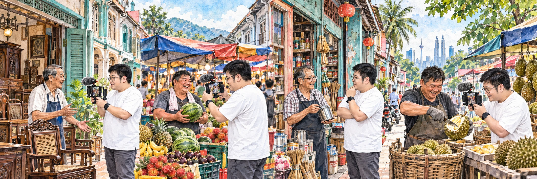 Tafsiran cat air Mike merakam pemilik perniagaan di rumah kedai Pulau Pinang dan Kuala Lumpur, pasar buah, kedai dan gerai durian.